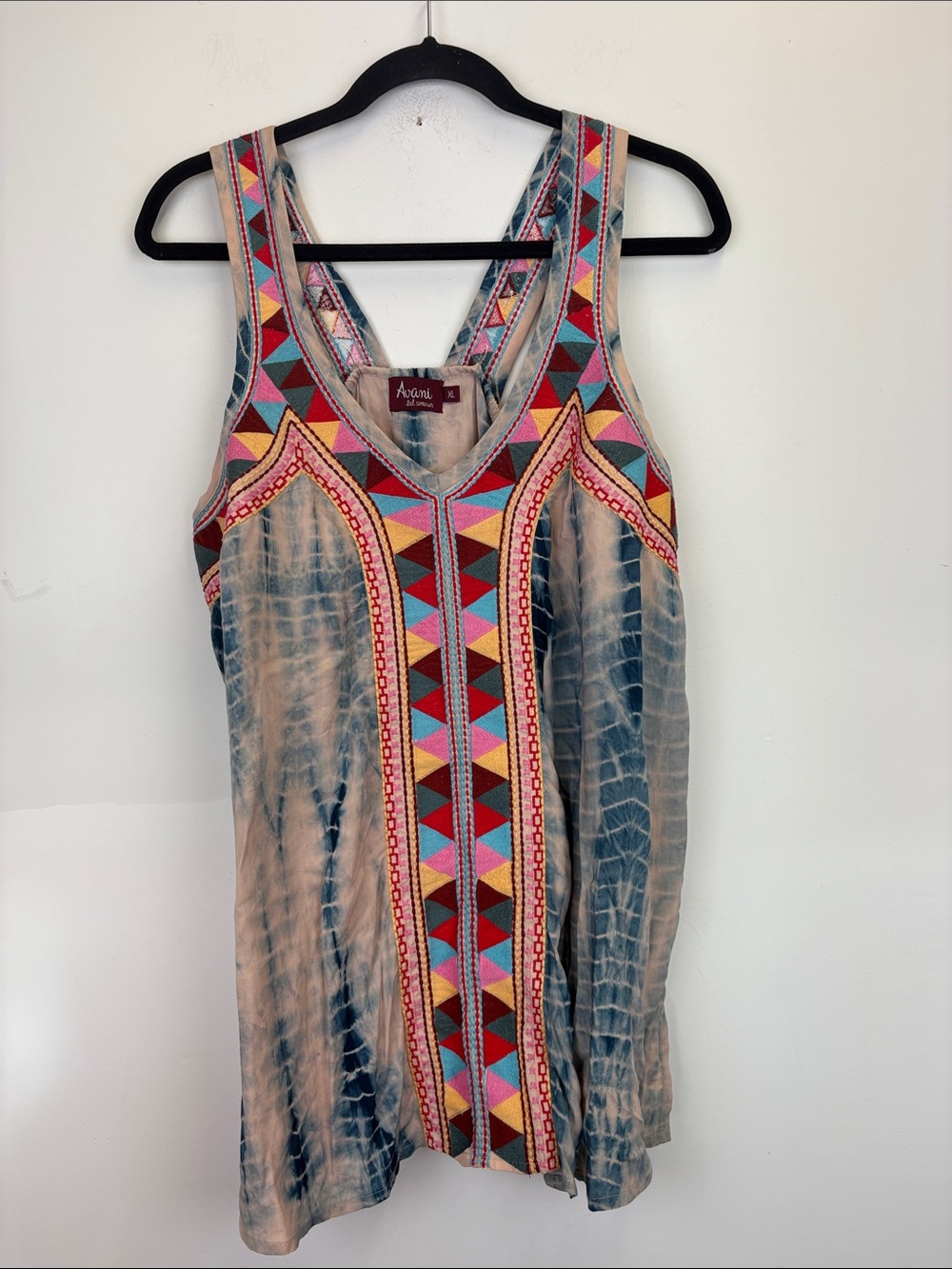 Avani Del Amour Boho Embroidered Tank Top XL Tie Dye Sleeveless Festival Blouse